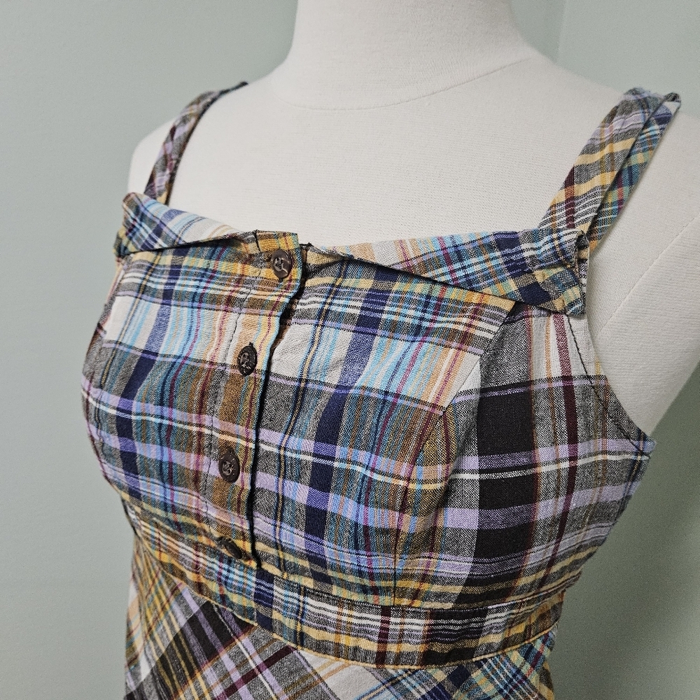 Old Navy Plaid Earthy Spring Dress Bias Cut Preppy Y2K Retro Brown Yellow - Picture 4 of 12